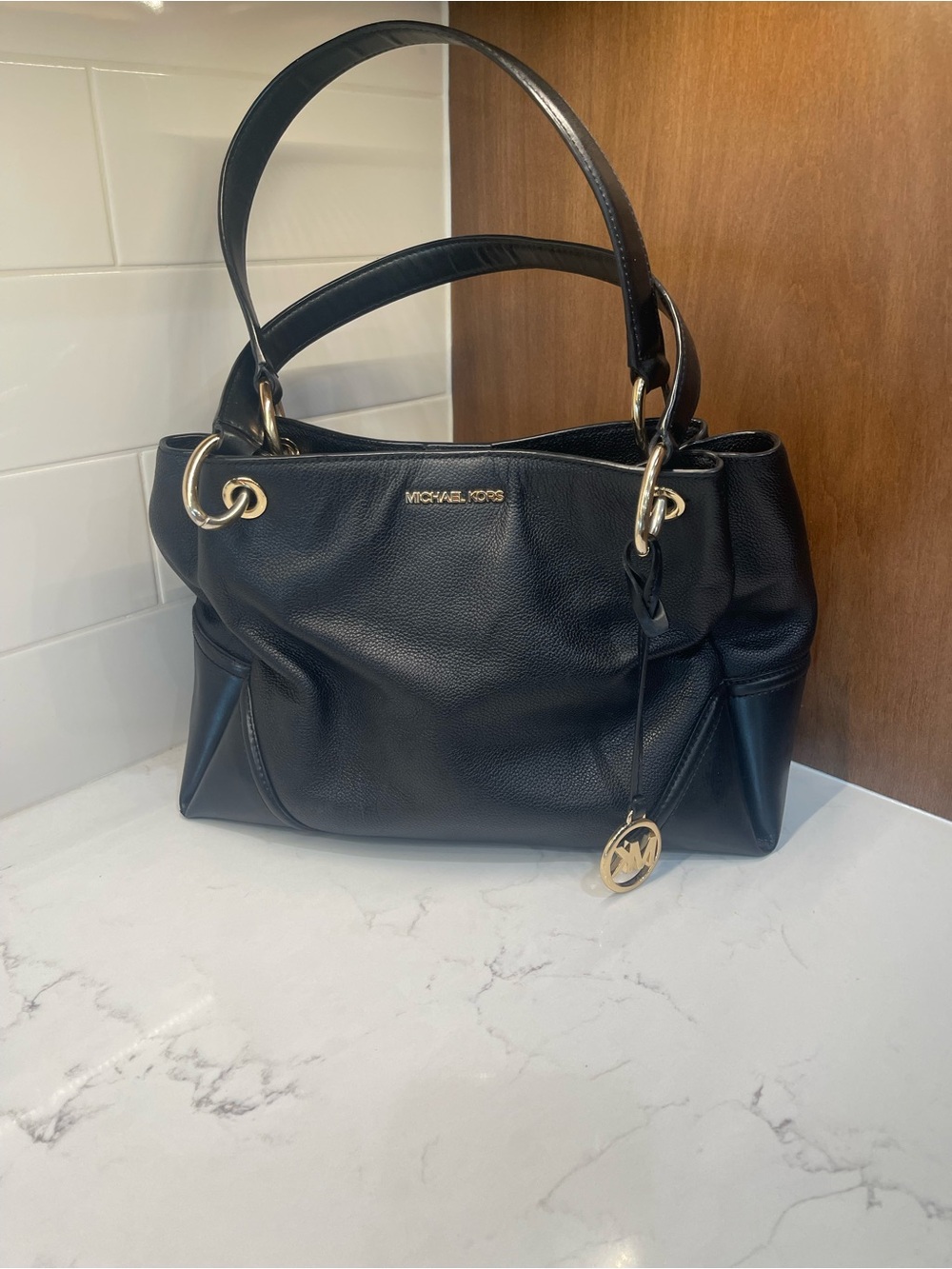 Michael Kors Black Leather Shoulder Tote with Gold Accents